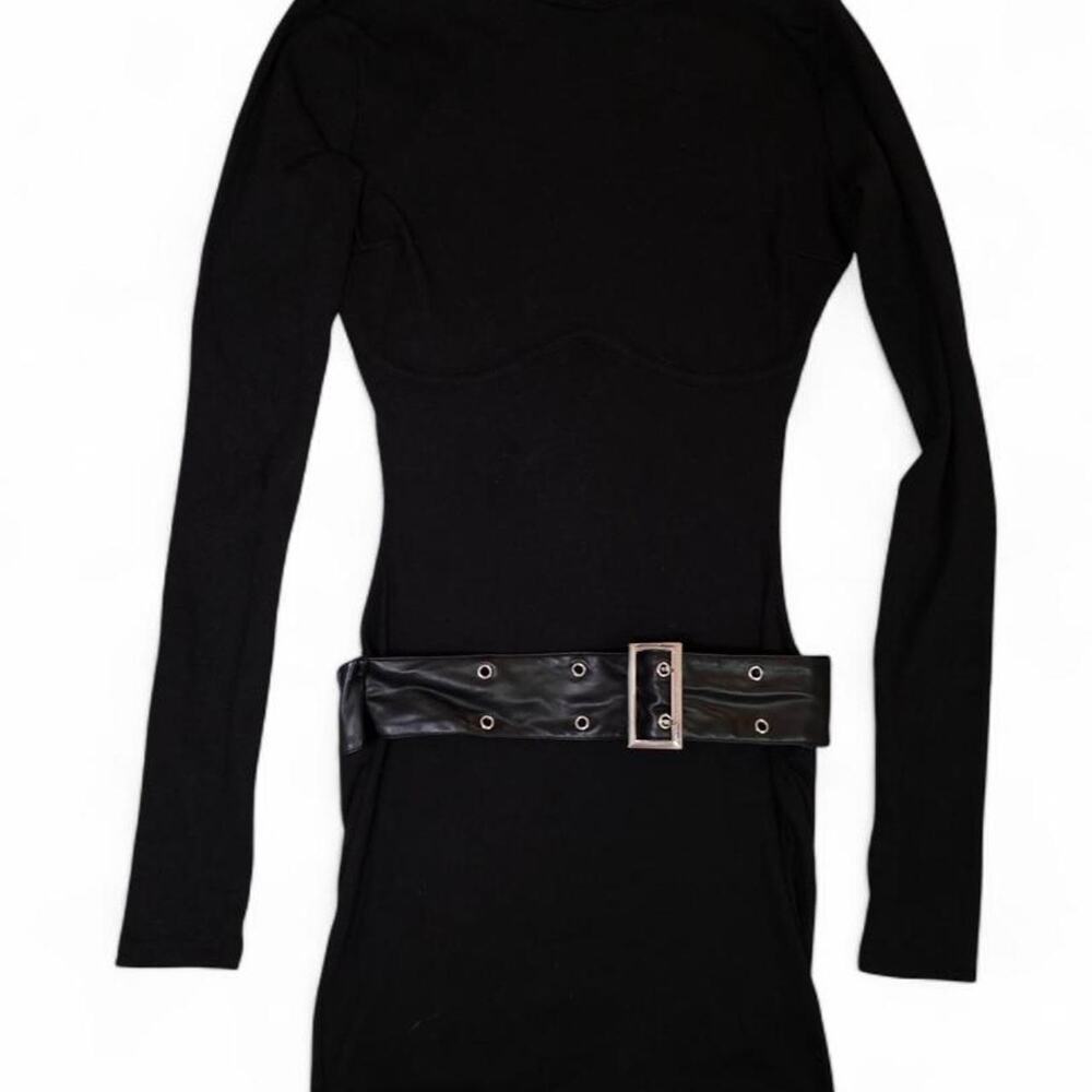 Black Ribbed Bodycon Mini Dress Open Back Belt Corset Mock Neck Large